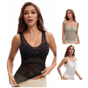 INSPIRE CHIC Women's 3 Packs Lace Mesh V-Back Wide Strap Fixed Cup Tank Top Longline Light and Breathable Camisoles - 1 of 4