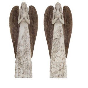 Floral Sculpted Angel Figurines with Wood-Style Wings – Set of 2 by Melrose - 1 of 3