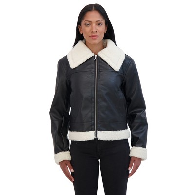 Juniors' Faux Leather Aviator Jacket - Sebby Black Large