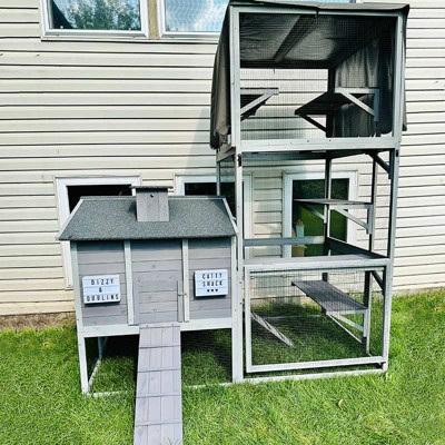 Large Gray Wooden Outdoor Cat House with Vertical Climbing Enclosure