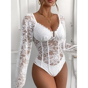 Women's Lace Long Sleeve Corset Bodysuit Tops Sheer Mesh V neck Jumpsuit - 1 of 4