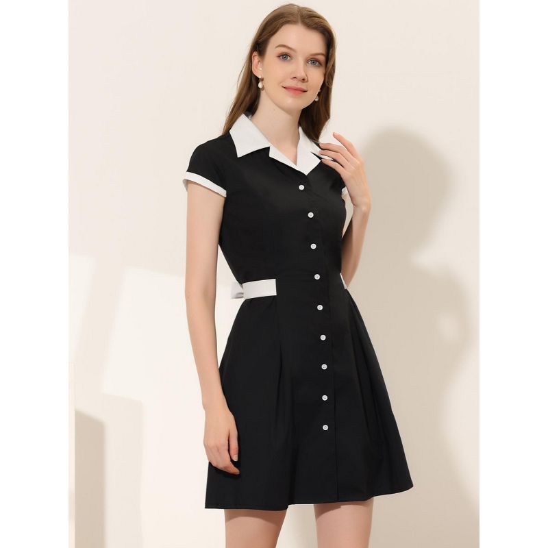 Allegra K Women's Vintage Button Down Flat Collar Belted Office Mini Shirt Dress, 2 of 6