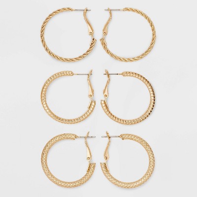 Mixed Texture Hoop Earring Set 3pc - Universal Thread™ Gold: Leverback Closure, Nickel-Free, 30% Recycled Iron