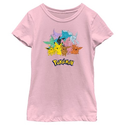 Girl's Pokemon Pikachu and Eeveelutions Logo  T-Shirt - Light Pink - Medium