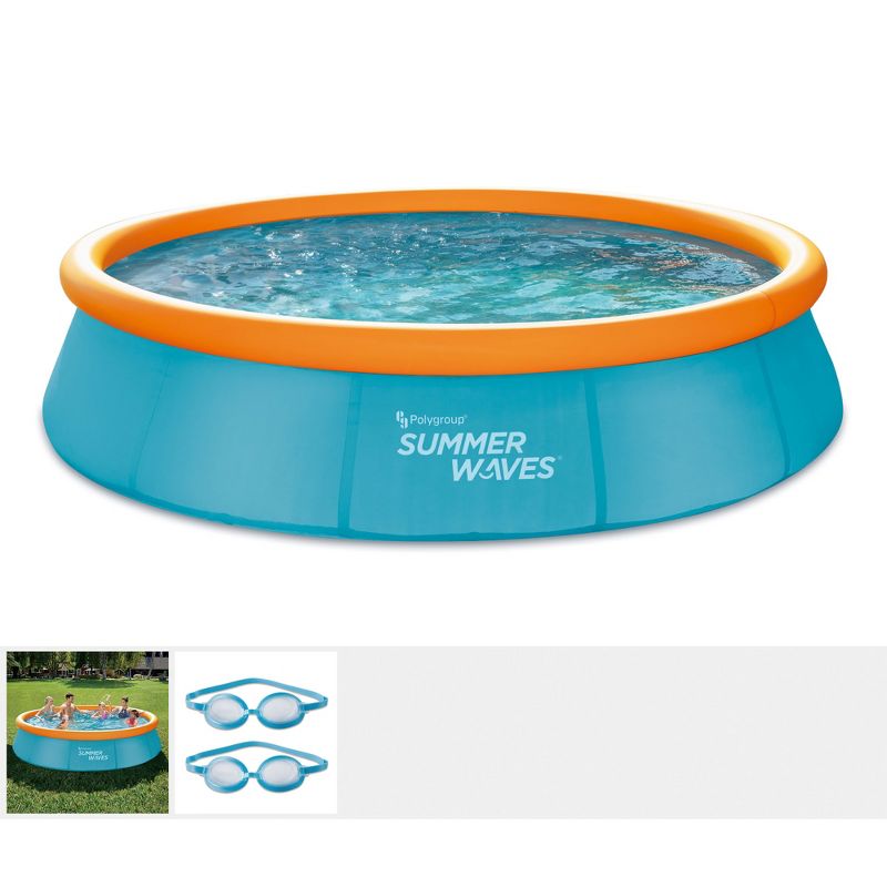 Summer Waves P10012303 12 Foot Wide Quick Set Inflatable Top Ring Kiddie Swimming Pool with Deep Sea Ocean Life Graphics and 3D Goggles, Blue, 2 of 6