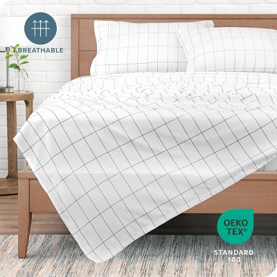 Queen White and Grey Grid Pattern Ultra-Soft Microfiber Sheet Set