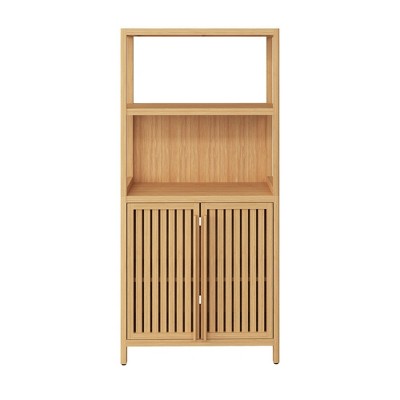 VANIRROR Bamboo Buffet Storage Cabinet, Freestanding Sideboard Cabinet With Slatted Door For Bathroom, Living Room, Bedroom, Hallway, Natural Color