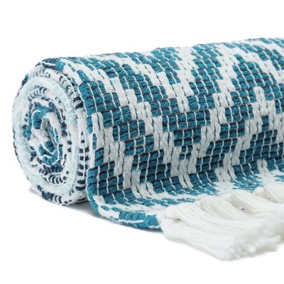 Blue and White Cotton Chevron Throw Blanket with Tassels