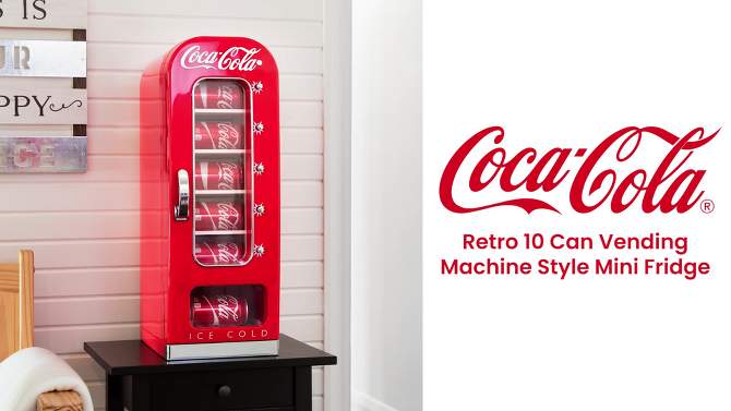 Coca-Cola Vending Machine Mini Fridge 12V DC 110V AC 10 Can Cooler - Red, 2 of 8, play video