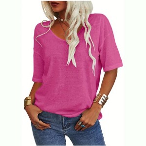Imily Bela Women's Casual V Neck Half Sleeve Oversized T Shirt Solid Color Basic Top - 1 of 4
