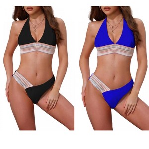 INSPIRE CHIC Women's Color Block Wavy Stripes Halter Top V Shaped Bottom Swimwear Bathing Bikini Suits 2 Sets - 1 of 4
