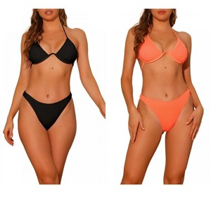 Elerevyo Women's Halter Underwire Ribbed Bikini Sets, 2 Piece Double Straps Tie Back Triangle Bottoms Swimwear Bathing Suits 2 Sets - 1 of 4