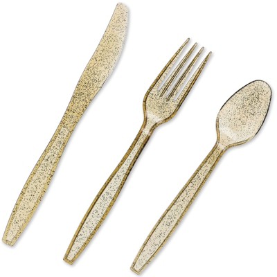 Juvale 96 Pack (Serves 32) Gold Glitter Disposable Plastic Cutlery Party Set Forks Spoons Knives
