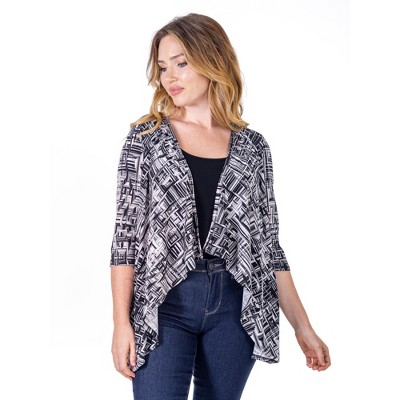 24seven Comfort Apparel Black Print Elbow Length Sleeve Open Cardigan