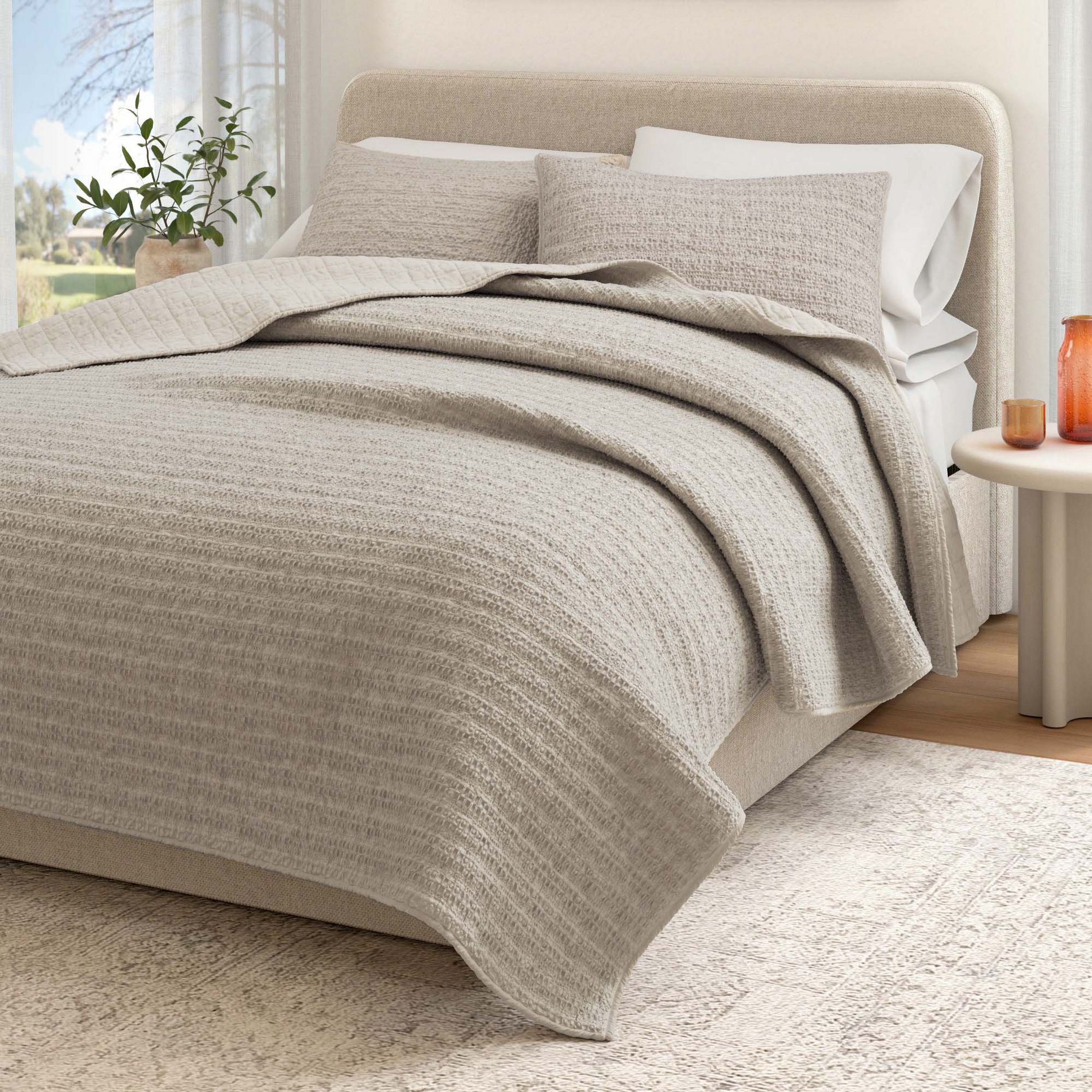Reversible Honeycomb Waffle Garment Washed Cotton Quilt Set - Great Bay Home