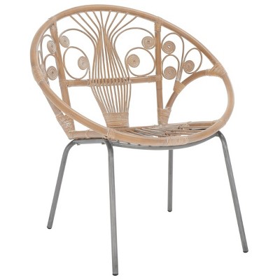 Transitional Grey Floral Rattan Accent Chair with Metal Legs