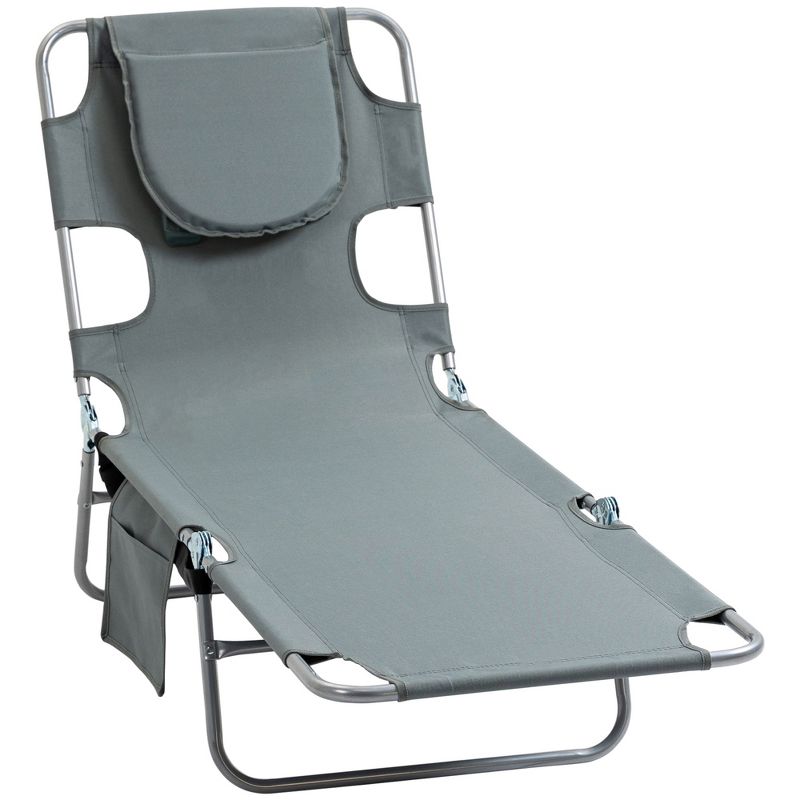 Outsunny Folding Beach Lounge Chair with Face Hole and Arm Slots, 5-level Adjustable Sun Lounger Tanning Chair with Pillow, 4 of 7