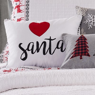 White and Red Embroidered Santa Heart Holiday Pillow