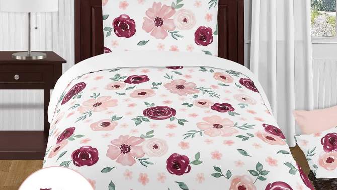 Sweet Jojo Designs Girl Baby Crib Bedding Set - Watercolor Floral Collection Burgundy and Pink 4pc, 2 of 8, play video