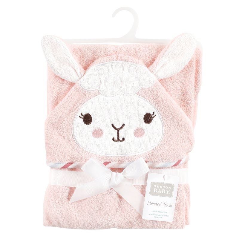 Hudson Baby Infant Girl Cotton Animal Face Hooded Towel, Pink Llama, One Size, 2 of 3