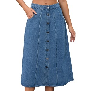 INSPIRE CHIC Women's Denim Button Down Front Slit High Waisted Pockets A Line Midi Skirts - 1 of 4