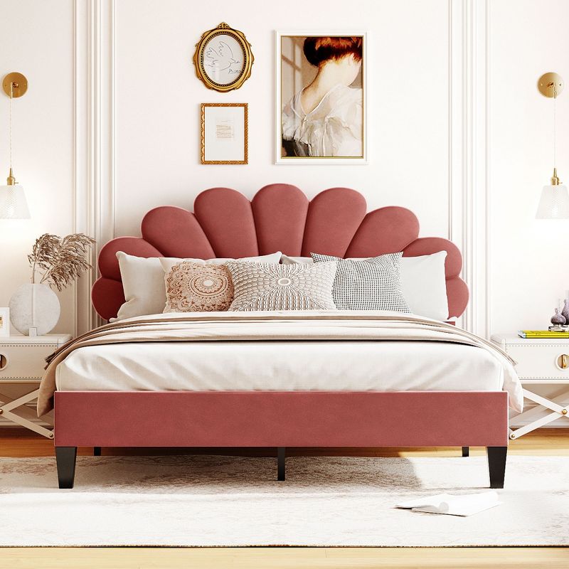 Upholstered Wood Platform Bed with Flower Pattern Velvet Headboard-ModernLuxe, 3 of 11
