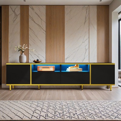 70.9'' Modern TV Stand for TVs up to 80 Inches, Entertainment Center with 2 Shelves and LED Lights, TV Storage Cabinet with 2 Drawers - Leovsnove