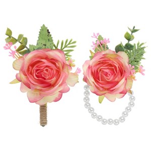Unique Bargains Fabric Artificial Wedding Rose Flowers Wrist Corsage and Boutonnieres 2 Pcs - 1 of 4