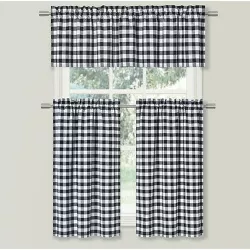Kate Aurora Country Farmhouse Plaid Checkered Gingham 3 Pc Kitchen Curtain Tier & Valance Set - 58 in. W x 36 in. L, Black