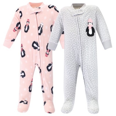 Image of Hudson Baby Infant Girl Fleece Zipper Sleep and Play 2pk, Pink Penguin, 3-6 Months