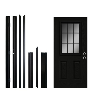 PexFix Fiberglass Entry Door 6-9/16 Vinyl Frame 9 Lite Frosted Glass Front Door Front Entrance Left Hand Inswing Black Wooden Grain Door