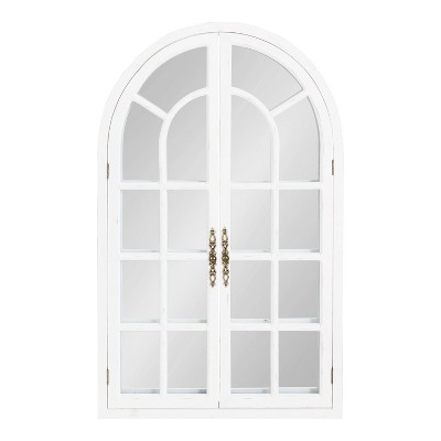 Rustic White Wood Windowpane Arch Vanity Mirror