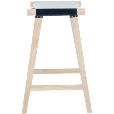 Aariz 30" Black Leather and Natural Wood Saddle Barstool