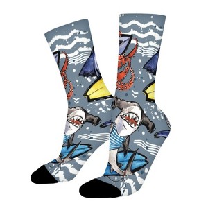 Shark Octopus Crab Surfing Women Printed Crew Socks Funny Funky Socks Soft Polyester Novelty Gifts for Artists Men - 1 of 1