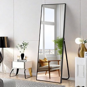 FURNIinspire Full Length Mirrors Floor Standing Mirror, Wall Mirror with Stand Aluminum Alloy Thin Frame, Square Black 64"*13.7"*21" - 1 of 4