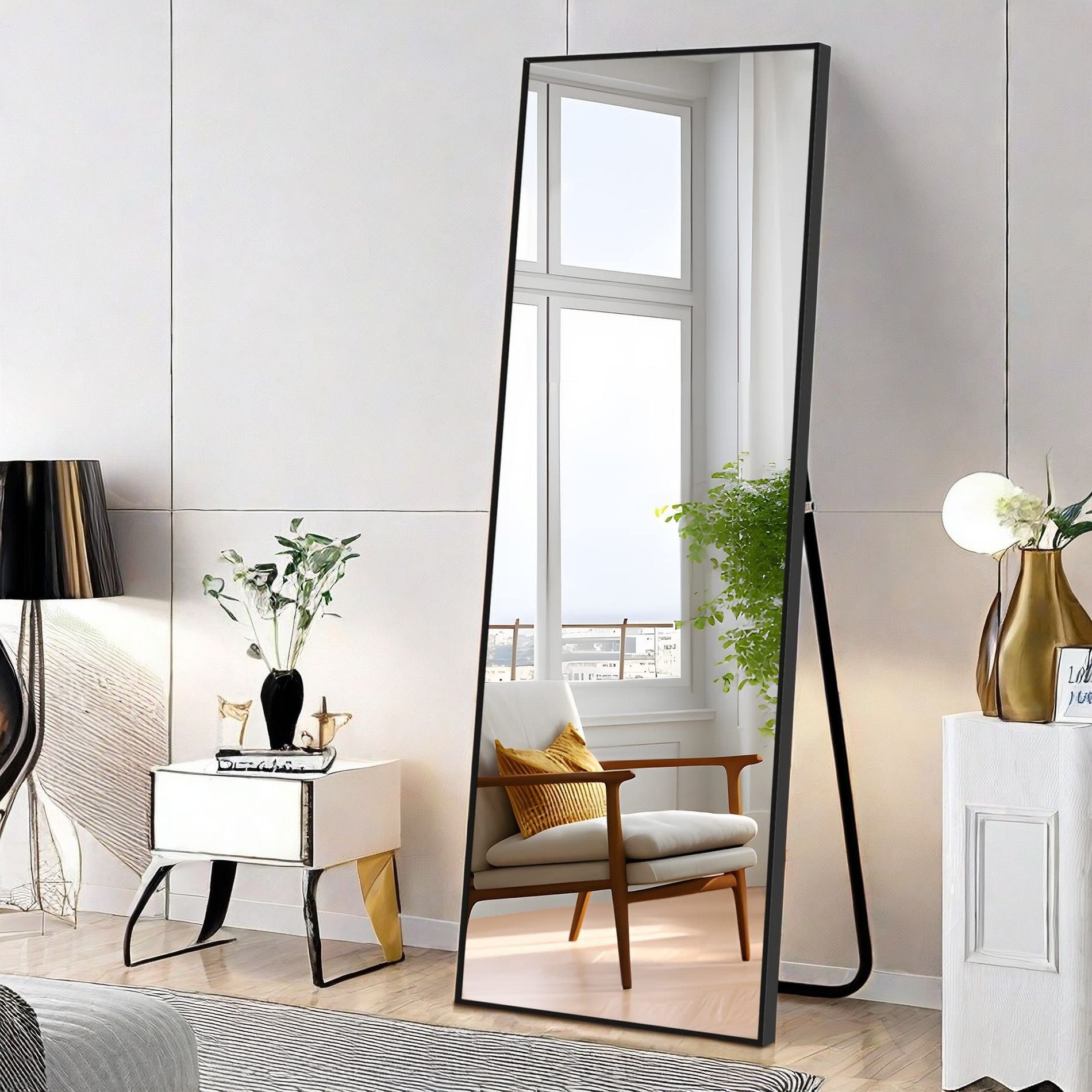 FURNIinspire Full Length Mirrors Floor Standing Mirror, Wall Mirror with Stand Aluminum Alloy Thin Frame, Square Black 64"*13.7"*21"