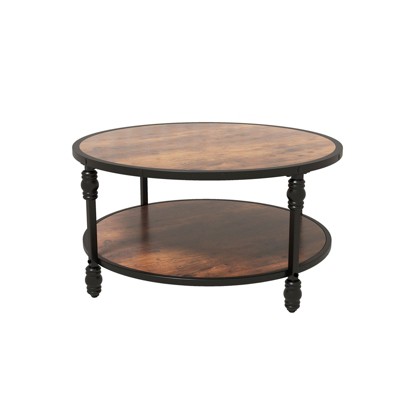 Acekool Round Rustic Coffee Table with Storage Shelf, Wood Top & Roman Column Metal Legs