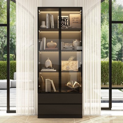 Famapy 74.8" Large Combo Storage Pantry Spacious With Light Modular Display Cabinet Black