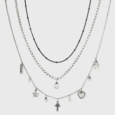 Cross Charm Layered Necklace Set 3pc - Wild Fable™ Silver