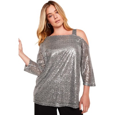June + Vie by Roaman's Women's Plus Size Sequin One-Shoulder Top