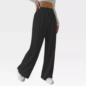 Womens Wide Leg Stretchy Straight Pants Ribbed Textured Slacks Trousers Pull On Lounge Pants Waist Drawstring Yoga Pants - 1 of 4