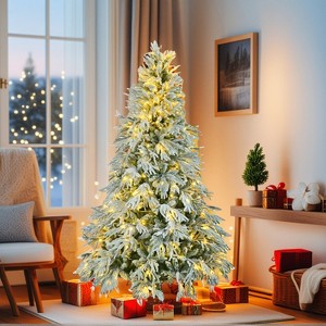 Resenkos 6FT Pre-Lit Spruce Snow Flocked Christmas Tree, Artificial Hinged Xmas Tree with 300 Multi-Color LED Lights White - 1 of 4