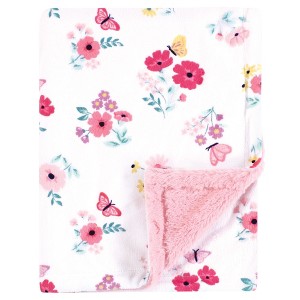 Hudson Baby Girls Plush Blanket with Furry Binding and Back, Butterfly Floral, One Size - 1 of 2