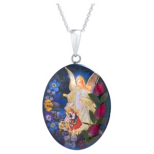 Women's Sterling Silver Guardian Angel Pressed Flowers Oval Chain Pendant Necklace (18") - 1 of 1