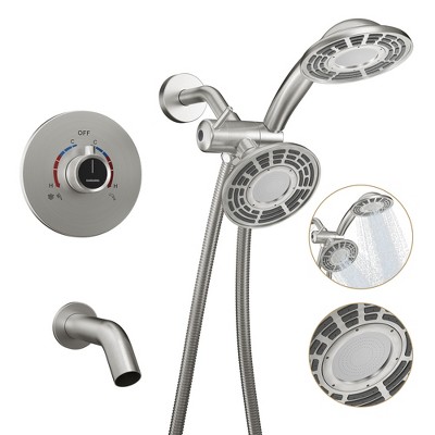 CASAINC 5 inches Wall Mounted Dual Head Shower System with Tub Spout, Brushed Gold