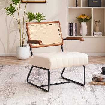 FERPIT Elegant Wicker Upholstered Accent Chair with Wooden Armrests