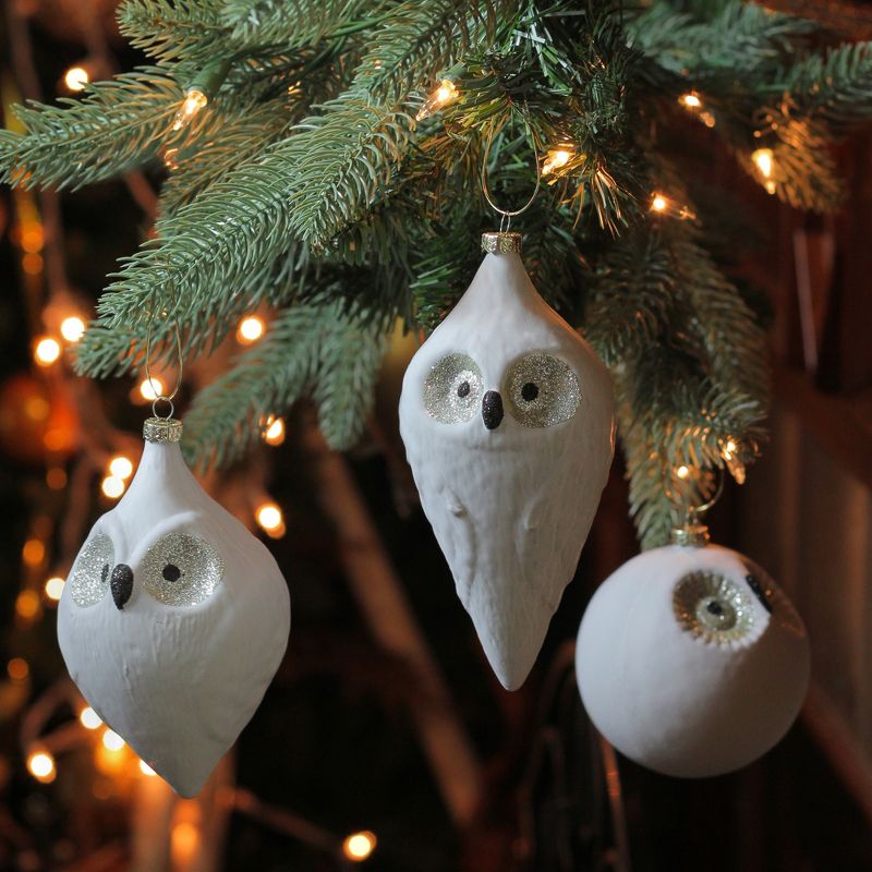 NORTHLIGHT 3ct Glass Owl Christmas Ornament Set 6.25" - White/Black, 2 of 3