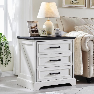 24" White and Black Farmhouse Nightstand with 3 Drawers and Charging Station