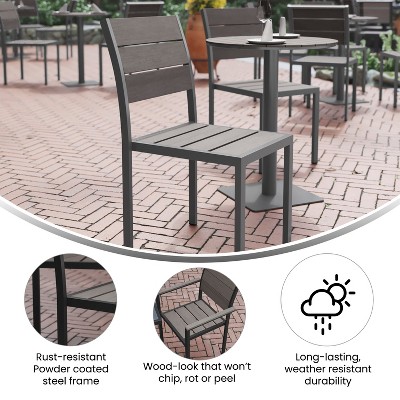 Gray Metal Armless Stackable Patio Chair with Faux Teak Slats