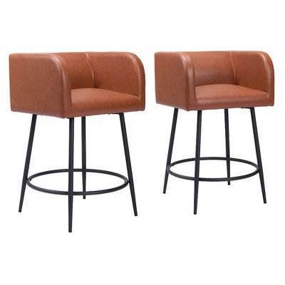 Zuo Modern Horbat Counter Stool,34.6" Height Brown Faux Leather & Steel – Modern Art Deco Style,Set of 2